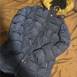 Women's Blue Puffer Jacket with Faux Fur Hood